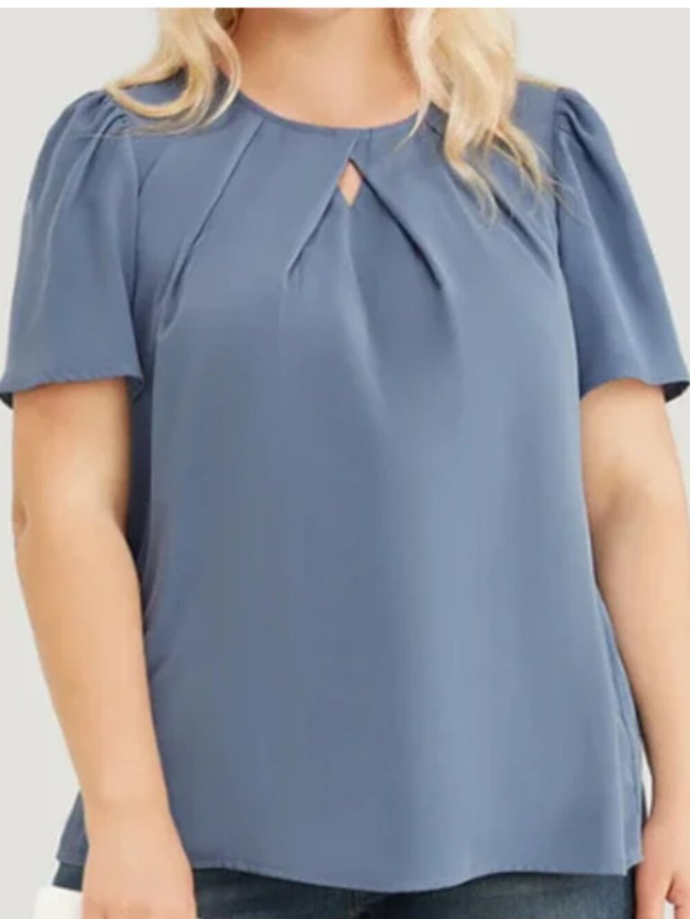 BloomChic Blue Pleated Keyhole Blouse - Elegant Office Top - 2X
